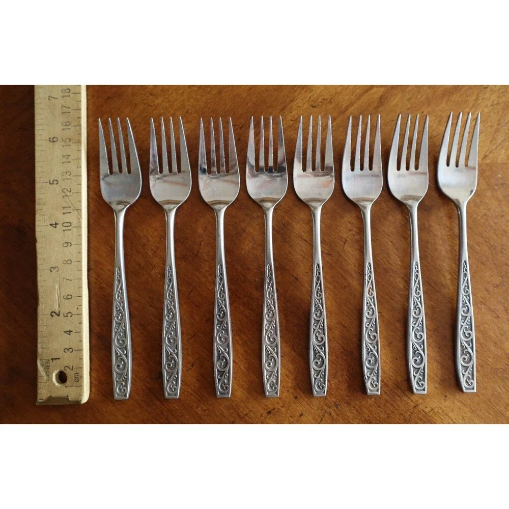 Lot 8x Imperial International IIC DAVOS Stainless Black Floral Salad Fork 6.25
